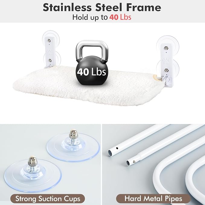 AMOSIJOY Cordless Cat Window Perch, Cat Hammock for Wall with 4 Strong Suction Cups, Solid Metal Frame and Reversible Cover, Foldable Cat Beds for Indoor Cats (Medium-White) - Image 5