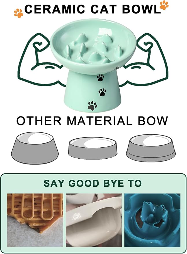 Y YHY Slow Feeder Cat Bowl, Ceramic Cat Slow Feeder Bowl, 6 Inches, Elevated, Anti Vomiting for Dry and Wet Food, Green - Image 5
