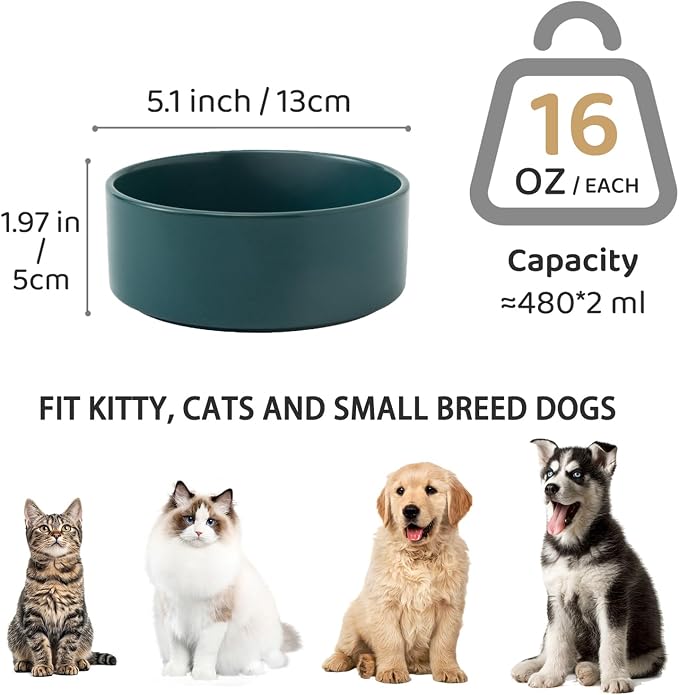 Ceramic Set of 2 Dog and Cat Bowls - Classic Food & Water Bowl for Kitty, Cats and Toy Breed Dogs, Weighted Dog Dishes, Food Grade Pet Bowl, Dishwasher & Microwave Safe (5.1'', 2*16OZ, Green) - Image 3