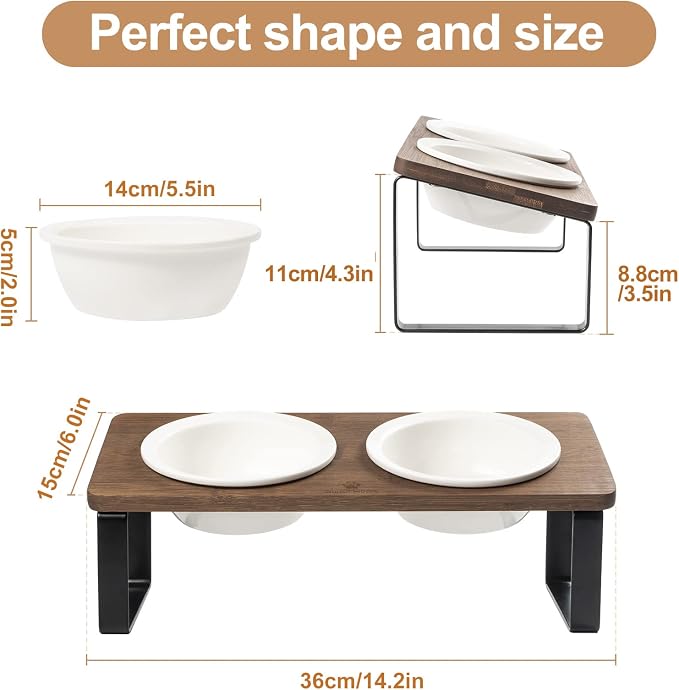 Sunhoo Ceramic Elevated Cat Bowls Raised Puppy Dishes for Food and Water Tilted Wooden Stand for Indoor Cats 5.5 inch Wide Double Dish Orthopedic Reduces Vomiting (Brown) - Image 2