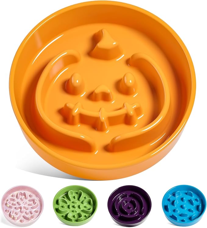LE TAUCI Ceramic Slow Feeder Dog Bowl for Small Medium Dogs & Puppy, 1.5 Cup Puzzle Food Dish to Slow Down Eating, Pumpkin Orange by LETAUCI