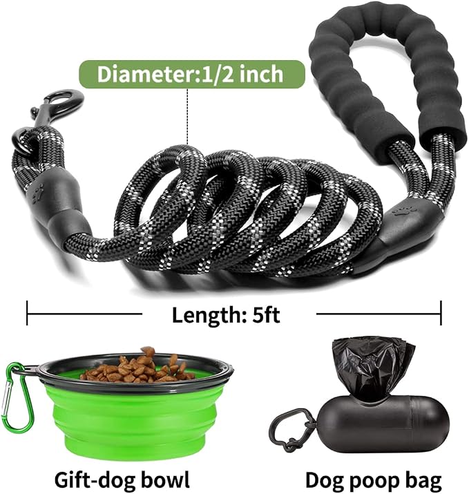 COOYOO 2 Pack Dog Leash 5 FT Heavy Duty - Comfortable Padded Handle - Reflective Dog Leash for Medium Large Dogs with Collapsible Pet Bowl - Image 6