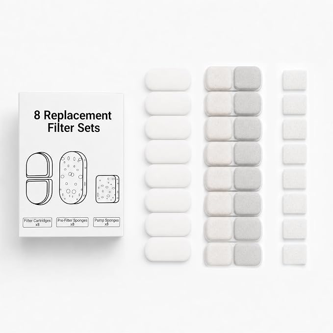 4L Cat Water Fountain Filters, 8-Pack Replacement Filters for YSJ402 | 8 Filter Cartridges, 8 Pre-Filter Sponges, 8 Pump Sponges, Helps Remove Hair, Debris & Odors, 4-Month Supply by Unknown