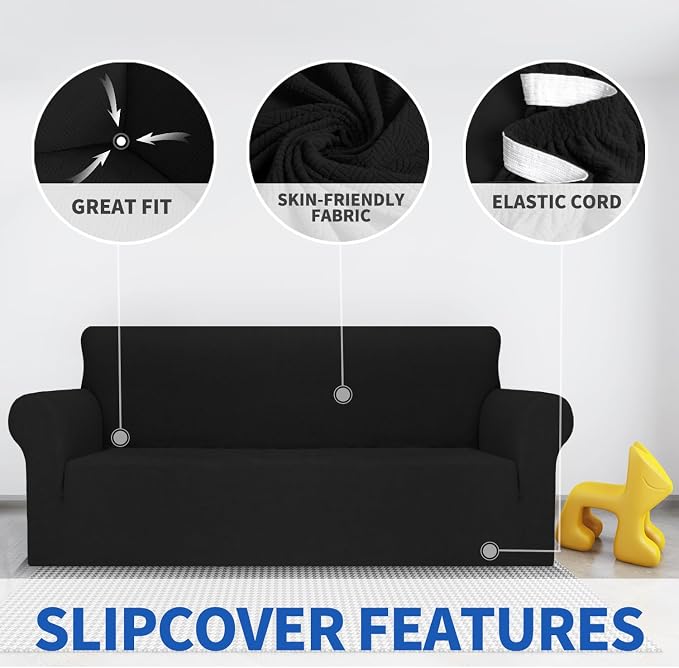 MAXIJIN Couch Covers for 3 Cushion Couch Sofa (71"-91"), 1-Piece Stretch Sofa Cover Slipcover Furniture Protector with Elastic Bottom for Kids,Dogs (Large, Diamond Pattern Black) - Image 3