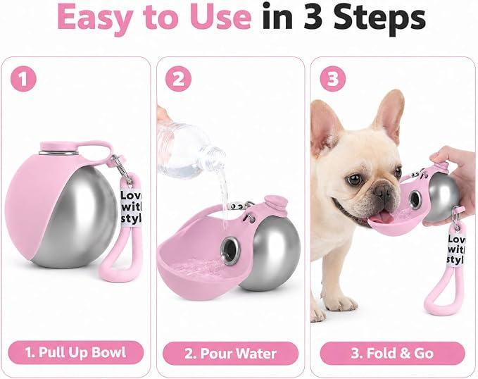Portable Pet Dog Water Bottle with Silicone Collapsible Bowl, 10 oz Pink | Stainless Steel Pet Travel Dispenser with Rope | Dogs on Walks Hiking Accessories | Puppy Small Pets Essentials - Image 5