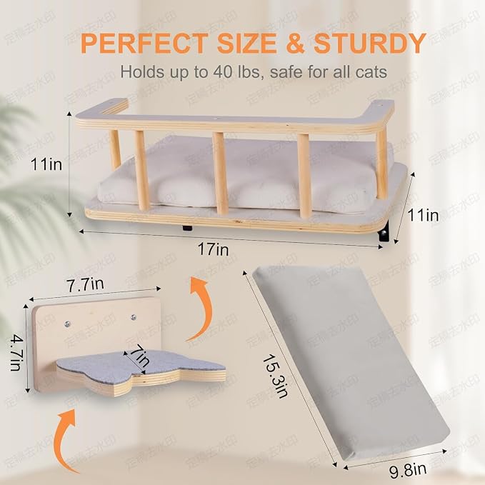 Solid Wood Wall Mounted Cat Steps, Cat Wall Furniture Shelves Stairs Perch(Grey) - Image 4