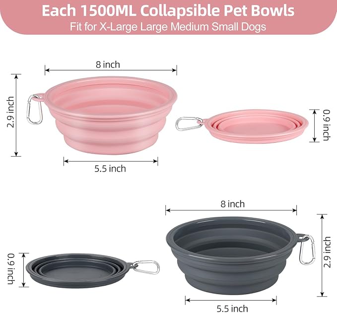 Kytely Collapsible Dog Bowls X-Large (1500ml), 2 Pack Foldable Travel Bowls, Portable Dog Water Food Bowl with Clasp, Pet Feeding Cup Dish for Traveling, Walking, Hiking (Pink+Grey) - Image 3