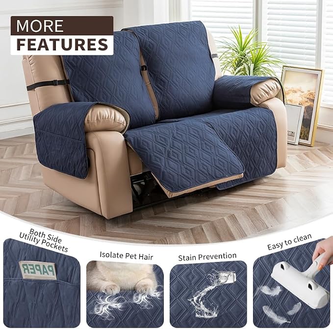 Genina Waterproof Loveseat Recliner Cover Non-Slip, Sofa Cover for Reclining Couch 2 Seat, Washable Couch Cover Loveseat Furniture Protector Cover for Pets Dogs Kids (Navy, Recliner Loveseat) - Image 3