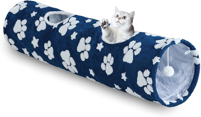 Straight Cat Tunnel for Indoor Cats 47"x12", Blue Paw | Cute Cat Toys, Collapsible Tunnel Tube with Hanging Balls for Puppy Kitten Rabbit by Yaning