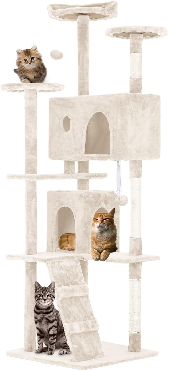 FDW | 70" Cat Tree Tower | Beige | Multi-Level Indoor Activity Center with Sisal Scratching Posts, Condos, Plush Perches, Hanging Cat Toys | Sturdy, Easy to Assemble | for Kittens & Adult Cats by FDW