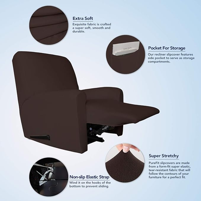 PureFit Stretc Recliner Chair Covers Fleece Soft Couch Covers for Sofa | Chocolate 4-Pieces Recliner Slipcover Pocket Couch Protector, Fleece Sofa Cover Washable with Non Slip Elastic Bottom - Image 3