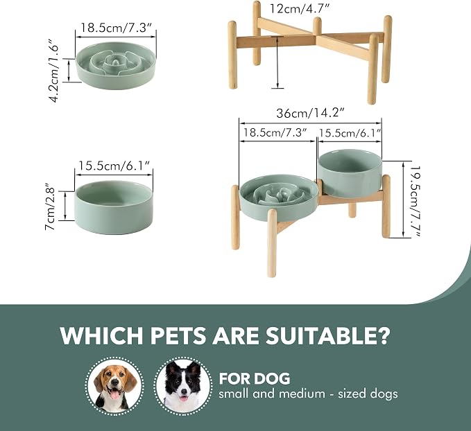 Havniva Elevated Slow Feeder Dog Bowls, Ceramic Dog Bowl Slow Feeder Set | 1.2 Cups Raised Slow Feeder Dog Bowl for Small Breed, 6.1” Dog Water Bowl with Wooden Stand, Puzzle Dog Food Bowl, Non-slip - Image 2