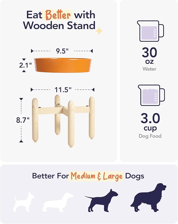 LE TAUCI Ceramic Slow Feeder Puzzle Bowl Elevated 3 Cup with Wooden Stand for Medium Large Dog, Fast Eater Slow Eating Food Bowl, Sun Orange - Image 4