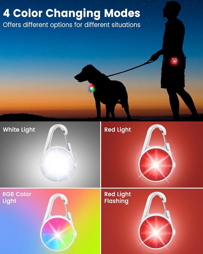 2 Pack Dog Collar Light, 4 Modes Clip On Dog Lights for Night Walking, Glow in the Dark LED Pet Collar Charm, Rechargeable Pet Camping Essentials for Nighttime Running, Cycling, Hiking(White) - Image 2