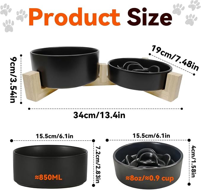 Ceramic Slow Feeder Dog Bowl Set-0.8 Cup Puzzle Dog Food Bowl（≈180g Food） for Fast Eater & 850ML Dog Water Bowl with Wooden Stand for Small Dogs and Cats,Anti-Slip,Black - Image 3