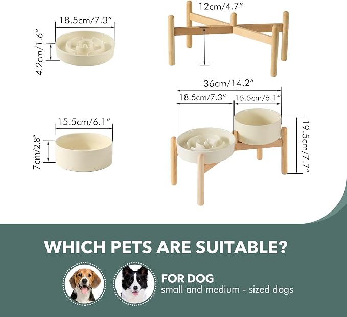Havniva Elevated Slow Feeder Dog Bowls, Ceramic Dog Bowl Slow Feeder Set | 1.2 Cups Raised Slow Feeder Dog Bowl for Small Breed, 6.1” Dog Water Bowl with Wooden Stand, Puzzle Dog Food Bowl, Non-slip - Image 2