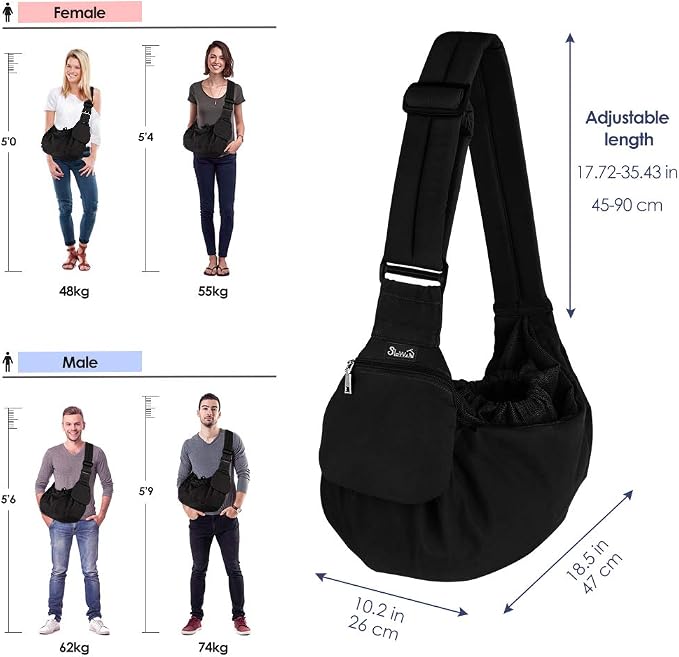 Lukovee Pet Sling, Small Pet Carrier, Hard Bottom Support & Safety Hook | Adjustable Drawstring Opening, Comfortable Padded Shoulder Strap, Zipper Pocket, Dog Slings Purse for Small Dog Cat ,Black-BN - Image 7