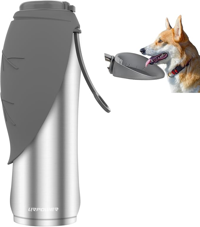 URPOWER Insulated Dog Water Bottle, 27 oz Leakproof Travel Bottle | Cool Water for Hours, 304 Stainless Steel, One-Hand Use, Wide Silicone Bowl, BPA-Free, Less Water Waste, For Walking, Hiking by URPOWER