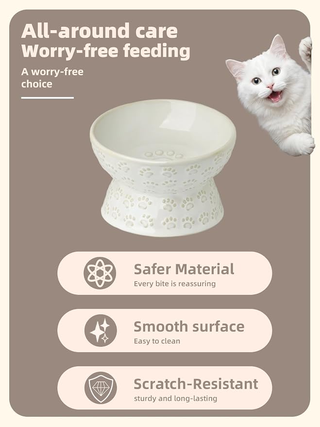 Ceramic Tilted Elevated Small Cat Bowl, for Fat Faced Cat, Kitten, White | 15° Tilted Elevated Design,5oz Small Meal Capacity,Chin-Friendly Ceramic,Paw Print - Image 3