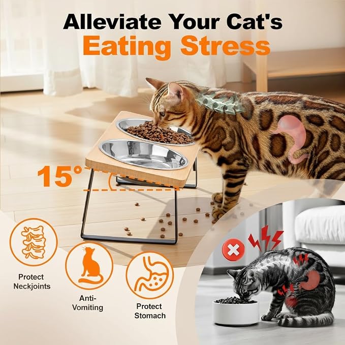 Elevated Cat Food Bowl for Indoor Cats, Raised Water Bowl Set for Kitten | Whisker Friendly, Anti Vomit, Easy Assembly, Bamboo, Dishwasher Safe, Stainless Steel, Pet Dish, Feeding Station for Puppy - Image 2