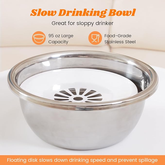 Pawque Raised 95oz Slow Drinking Dog Water Bowl No Spill Medium Large Breed | Single Elevated Stainless Steel Water Bowl with Floating Disc, Stable Sturdy Base and Snap on Adjustable Height Stand - Image 3