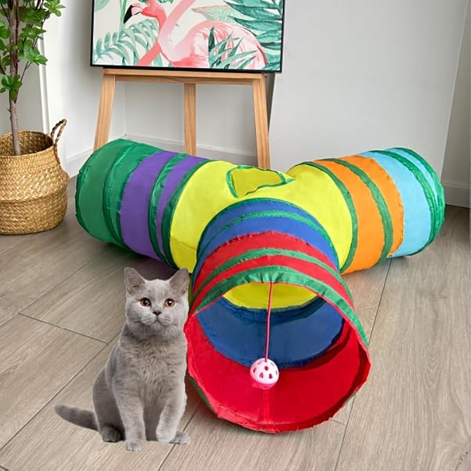 3-Way Collapsible Cat Tunnel Tube Toy Rainbow Y — Interactive Play Tunnel with Hanging Ball & Peek Hole for Indoor Cats, Kittens, Puppies & Rabbits | Hours of Fun & Exercise - Image 4