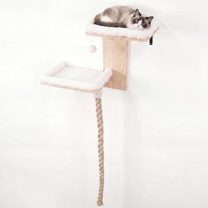 Cat Wall Shelves, 2 Beds with 4.92 ft Cat Scratching Post Rope | Tree Shape Cat Wall Furniture Set, Kitten Floating Shelf with Soft Cushion Perch, Solid Wood Cat Perch for Climb, Play, Nap by DONGRONG