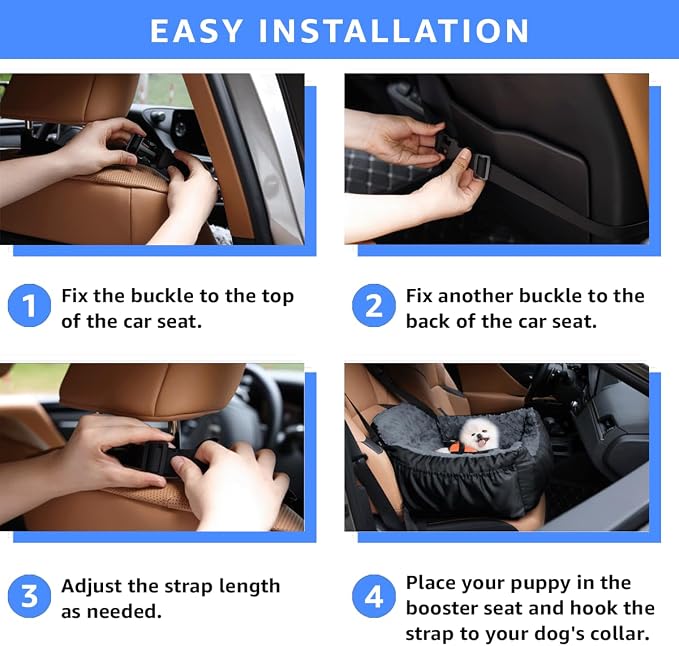 Oiilores Dog Car Seat for Small Dogs, Washable Pet Booster Seats with Clip-On Safety Leash, Comfy Deluxe Plush Carseat with Storage Pockets, Puppy Car Travel Carrier Bed for Dogs Under 25 lbs, Black - Image 5