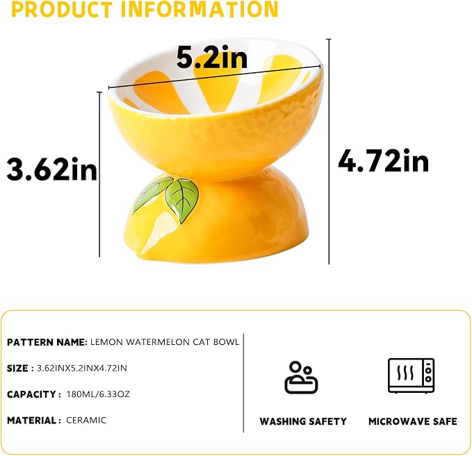 Elevated Cat Bowl Ceramic Raised Cat Food Water Bowls for Indoor Kitten | 5.2in Tilted Anti Vomiting Slow Feeder Cat Dishes, Whisker Friendly, Cute Lemon Design - Image 6