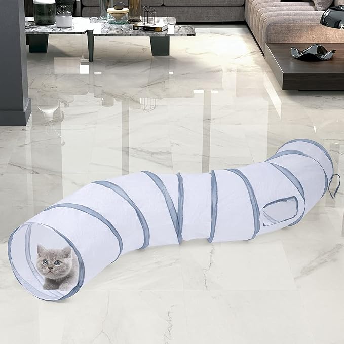 Sheldamy Cat Tunnel, S-2-Way Cat Tunnels for Indoor Cats, Collapsible Cat Play Tunnel, Interactive Toy Maze Cat House with 1 Play Ball for Cats, Puppy, Kitty, Kitten, Rabbit (White & Gray) - Image 7