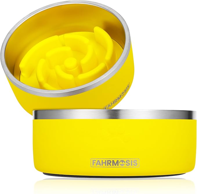 FAHRMOSIS 32 Oz Dog Bowl with Slow Feeder Insert Stainless Steel Pet Water Bowl for Medium & Large Breed Non Slip Rubber Base & Plastic Puzzle Feeder - Yellow by Fahrmosis