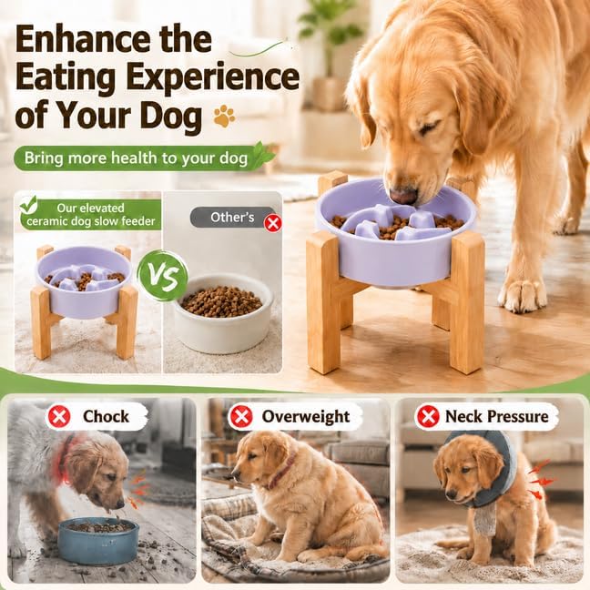 Elevated Ceramic Slow Feeder Dog Bowls Anti-Choking Slow Feeding for Small&Medium Size Anti-Slip Non-Lead & Toxic Durable Easy to Clean Maze Slow Feeder Bowl（8.26in Light Purple Stars Pattern） - Image 4
