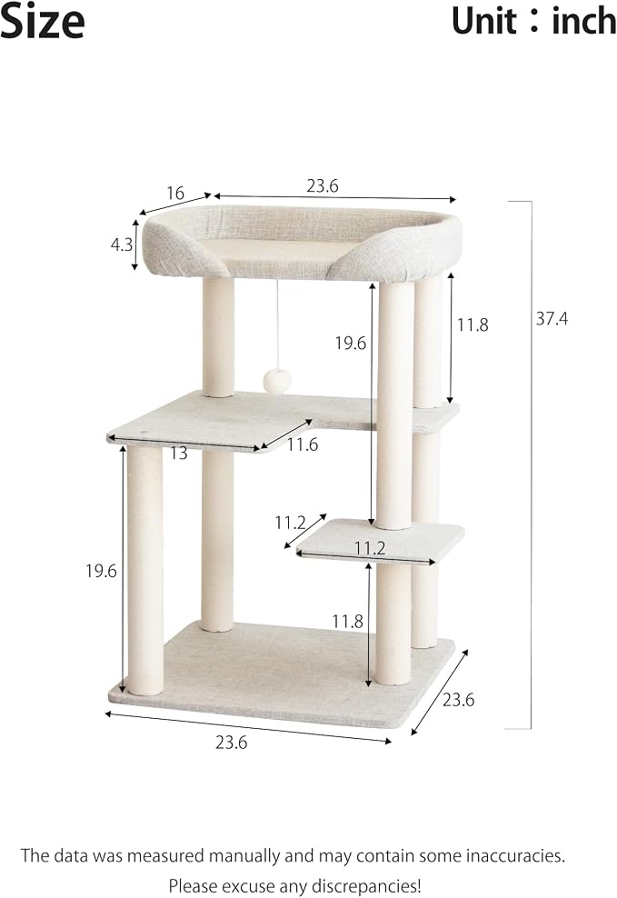 Cat Tree Tower Wooden 37.4''(95 cm), Large Cat Tree with Jump Platform & Play Ball for Indoor Cats, Ideal Cat's Climbing Frame & Playhouse (Linen Fabric Light Grey) - Image 4