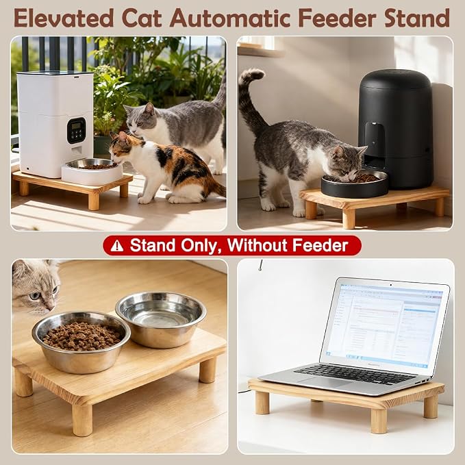SZEE Cat Food Stand, Elevated Cat Feeder Stand for Automatic Feeder & Bowls | Lifted Cat Food Table Station, Raises Feeder/Bowl by 2 3/8", Relieves Spine and Joints Noticeably on Pets - Solid Pine Wood - Image 4