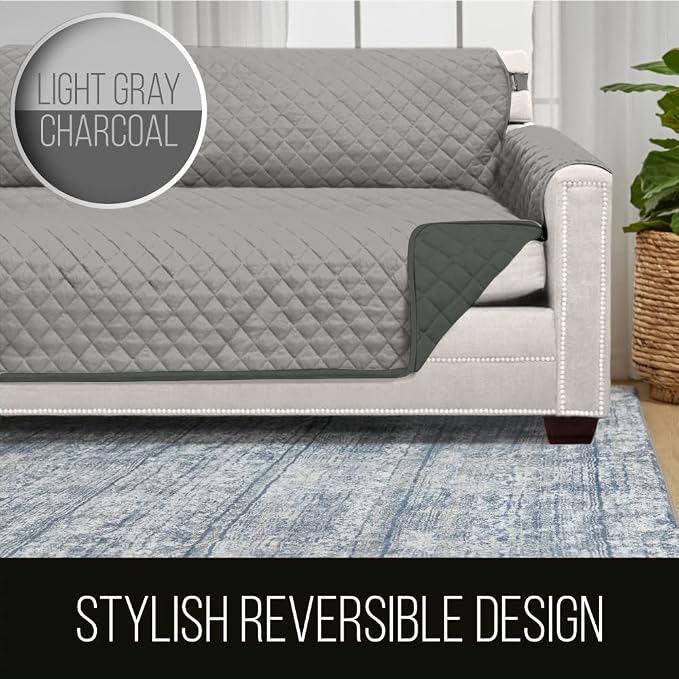 Sofa Shield® Couch Jumbo Sofa Slip Cover with Strap, Light Gray Charcoal | Reversible Furniture Protector, Stain and Tear Resistant Cushion Cover, Machine Washable Slipcover for Pets, Cats 70 inch - Image 5