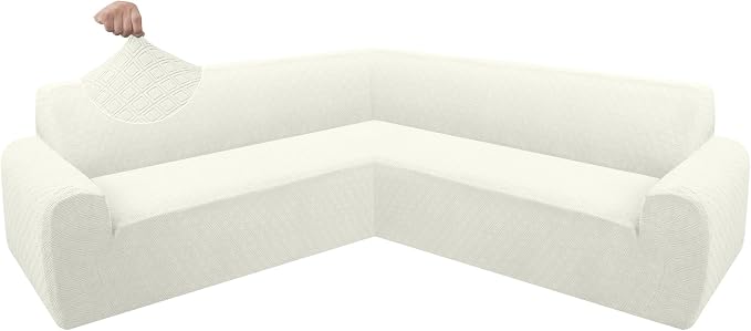 ALIECOM Corner Sectional Couch Covers Washable Sofa Cover L Shaped Couch Cover for Dogs Pets Stretch Soft Sectional Slipcovers with Non Slip Strips U Shape Furniture Protector (Cream White, Medium) by ALIECOM
