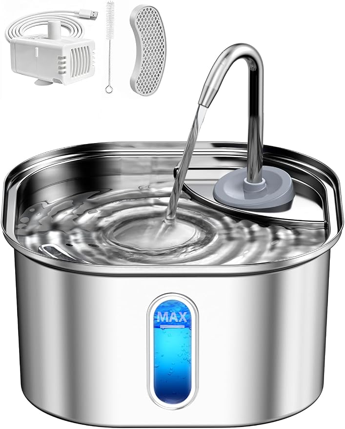 Stainless Steel Cat Water Fountain for Cats Indoor 3.2L 108oz BPA-Free S304 | 20dB Super quiet pump with 1.5m cable, Faucet style, 6-layer effective cat fountain filter, Metal cat Fountain for drinking by Petlipo