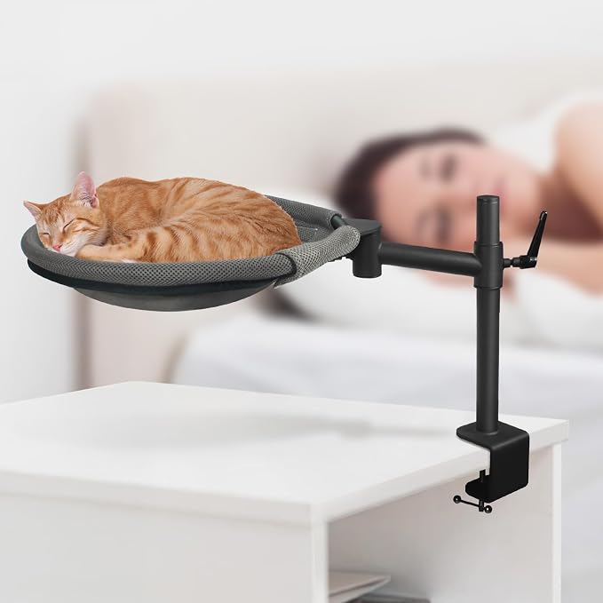 Cat Desk Bed - Sturdy Cat Bed for Desk with 360° Rotating & Adjustable Height, Elevated Cats Nest Perch for Desk, Grey - Image 5