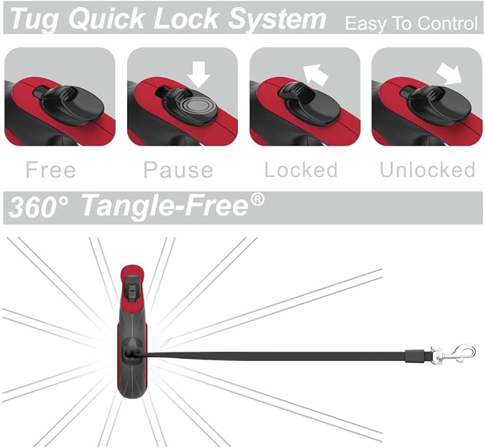 TUG Tiny Retractable Dog Leash, 10 ft (Extra Small, Red) | 360° Tangle-Free Retraction, 10 ft Tape, Quick Thumb Lock, Anti-Slip Handle, For Pets Under 26 lbs - Image 5