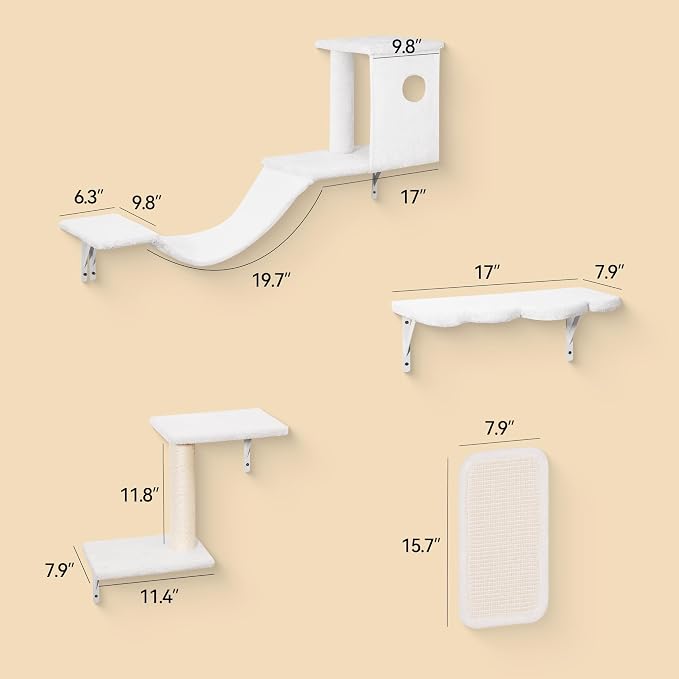 Meecal 6-in-1 Cat Wall Shelves, Wall Mounted Cat Furniture Set, Cat Shelves for Wall with Scratching Posts, Cat Bed & Bridge, Space Saving Cat Climbing Perch for Kittens, White - Image 3