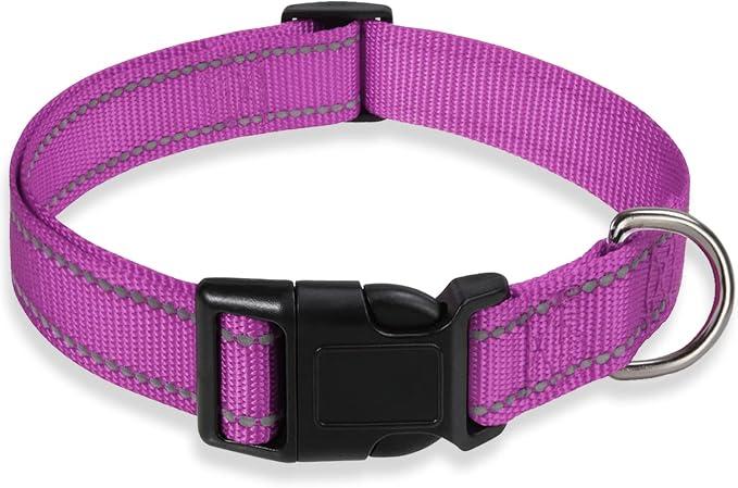 Reflective Dog Collar, Puppy Collar with Buckle Adjustable, Purple L | Breathable Nylon Collars for Small Medium Large Dogs, No Chafing on Walks and Outdoor Hikes, Metal D-Ring, Night Safety by BOOMIBOO