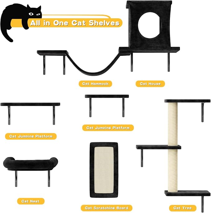 12-in-1 Cat Wall Shelves, Luxury Wall-Mounted Cat Climber Set | with Condos House, Scratching Post, Bridge Ladder, Indoor Space-Saving Furniture for Kittens, Black - Image 2