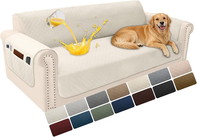 Velvet 100% Waterproof Couch Cover for Dogs Washable Sofa Covers for 3 Cushion Couch Pet Friendly Sofa Slipcovers Set Non Slip Quilted Furniture Protector with Pockets (Large, Light Beige) by YUEVELLASofaCover