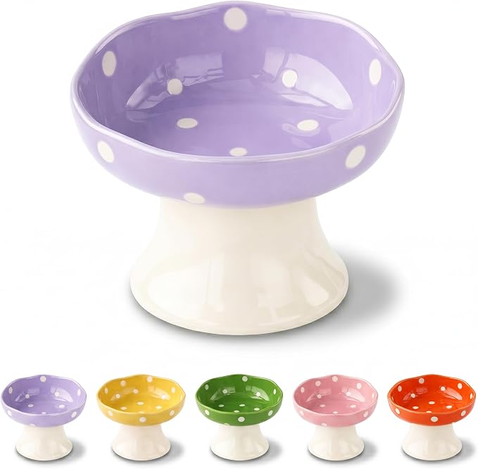 Elevated Ceramic Cat Bowls, Mushroom Raised Wide & Shallow Cat Food and Water Bowls, Whisker Friendly Feeding Bowls for Cats & Small Dogs (Purple) by Unknown