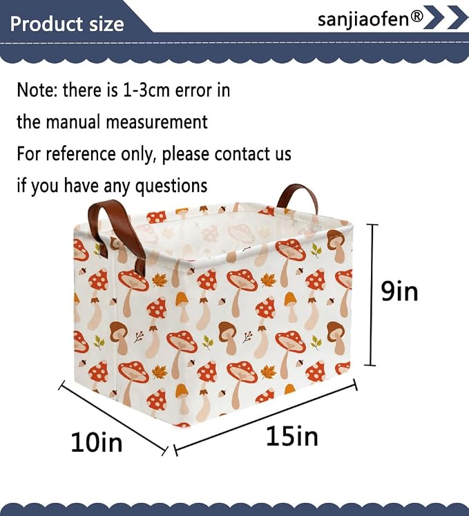 Sanjiaofeng Rectangular Kids Basket Cute Storage Bins,Mushroom Storage Basket with Handles.Clothers,Books,Kid's Gifts Bins. (Mushroom) - Image 2