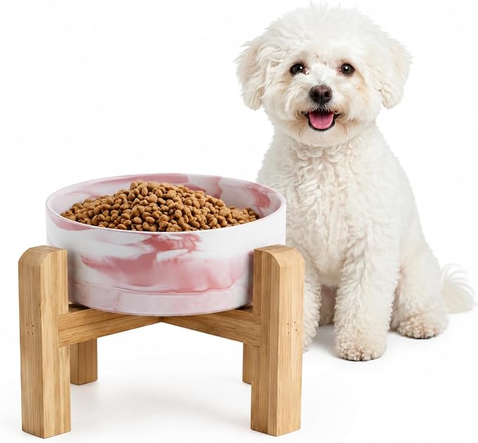 Elevated/Raised Ceramic Dog Bowl with Bamboo Stand,Marble Pattern 6 Inch 3.6 Cups Non Slip Heavy Weighted Single Pet Dish, for Small Medium Breed & Cats,Reduces Neck Strain Marble Pink by addggo