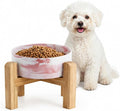 Elevated/Raised Ceramic Dog Bowl with Bamboo Stand,Marble Pattern 6 Inch 3.6 Cups Non Slip Heavy Weighted Single Pet Dish, for Small Medium Breed & Cats,Reduces Neck Strain Marble Pink by addggo
