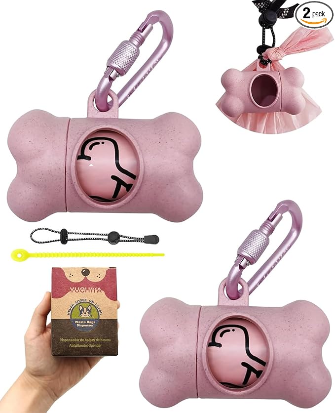Dog Poop Pickup Bags Holder Dispenser with Standard-Sized Leak-Proof Scented Doggy Waste Bags and Carabiner with Safety Lock&Fastener Never Loose on Leash Lead Again (2 Holders 30 Bags, Pink) by YUCHIYA