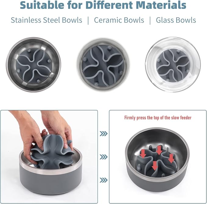 Jaoul Slow Feeder Dog Bowls Insert, Puzzle Slow Feeder Insert with 30 Octopus Suction Cups for Small Medium Large Size Dog Food Bowl (4.72 inch, Grey) - Image 6