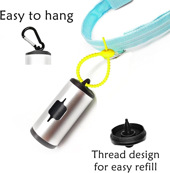 YUCHIYA Aluminum Dog Poop Bags Holder with Carabiner Metal Pet Waste Bags Dispenser with Hook and Loop Fastener and Elastic Cord to Carry Used Bags (Silver, 1 Holder 15 Bags) - Image 3